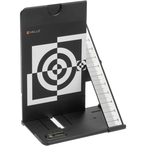 Lens Calibration Kit For Autofocus Accuracy With AF Fine Tune And Micro Adjustment Fix Front Or Back Focus Includes Gray Card For White Balance One Quarter Inch Tripod Attachment Two Way Bubble Level Folds Flat For Portable Travel shown in black with ruler and target design.