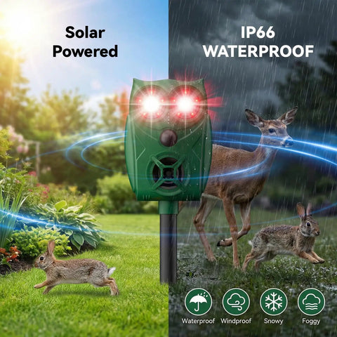 Solar Powered Ultrasonic Animal Repellent With Motion Sensor And LED Flashing Lights For Outdoor Yards Waterproof Device To Repel Deer Coyotes Raccoons And Cats in rainy garden