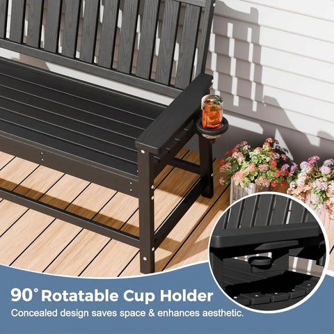 Tough As Nails Two Seater Outdoor Bench With Cup Holder Crafted From Premium Fade Resistant Hdpe For Patios Yards And Decks Handles Up To 660 Pounds Easy Clean All Weather Hangout Spot In Black featuring a concealed 90° rotating cup holder.