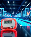 Mini Portable Pedometer With LCD Screen, Dope Step Counter For Walking Or Running, Tracks Distance In Miles, Calories Burned, Exercise Time, And Daily Goal Monitor, Lightweight Red Fitness Gadget on reflective surface