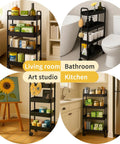 4 Tier Slim Rolling Storage Cart For Tight Spaces - Mobile Bathroom Organizer And Toilet Paper Holder, Black, in bathroom and kitchen settings.