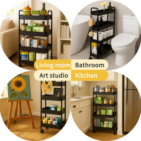 4 Tier Slim Rolling Storage Cart For Tight Spaces - Mobile Bathroom Organizer And Toilet Paper Holder, Black, in bathroom and kitchen settings.