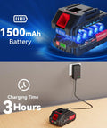 Top Shelf Cordless Nail Gun And 2in1 Brad Nailer Staple Gun With 18V Built Battery showing 1500mAh battery charging in 3 hours.