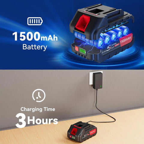 Top Shelf Cordless Nail Gun And 2in1 Brad Nailer Staple Gun With 18V Built Battery showing 1500mAh battery charging in 3 hours.