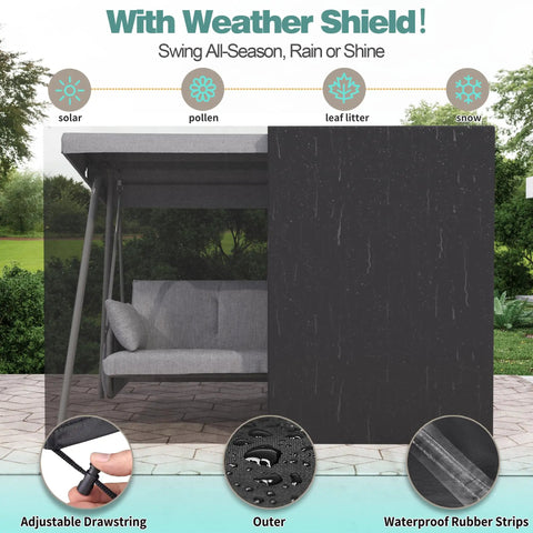 3 To 4 Person Outdoor Patio Swing With Canopy, 2 In 1 Swing Bed, Adjustable Backrest, 800 Lb Capacity with weather shield