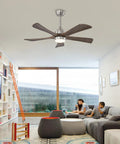 42" 5PCS Solid Wood Blades Ceiling Fan with Lights Remote Control, Nickel, in modern living room with children.