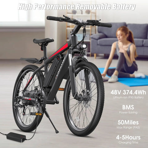 Trail-Ready 1000W Peak Electric Mountain Bike For Adults, 50 Mile Range, 20 MPH Max Speed, 26 Inch Wheels, 48V Removable Battery, Front Suspension, Fenders, 7 Speed, UL 2849 Certified electric mountain bike with 48V battery
