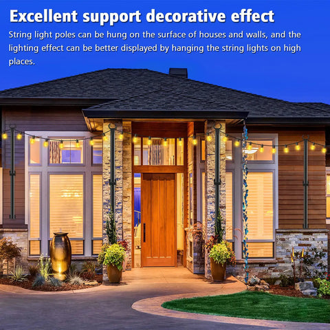 4 Ft Outdoor String Light Poles, 2 Pack, Freestanding Deck Patio Hanging Poles with string lights decorating a house exterior.