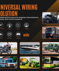 Universal wiring solutions for vehicles; images include car, truck, motorcycle, boat, ATV, ambulance, tractor, and bus.
