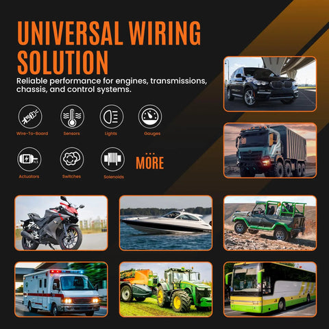 Universal wiring solutions for vehicles; images include car, truck, motorcycle, boat, ATV, ambulance, tractor, and bus.