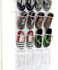 24 Pocket Crystal Clear Over The Door Shoe Organizer Gray 64 Inches High 19 Inches Wide filled with various shoes hanging on door