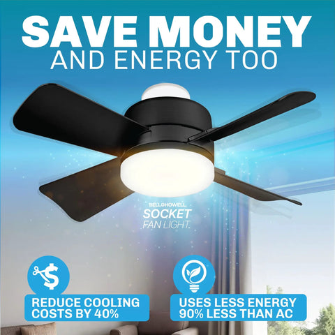 Socket Breeze Ceiling Fan With Light And Remote, Portable Small Ceiling Fan, black blades, LED Light 3500K 1000 Lumens