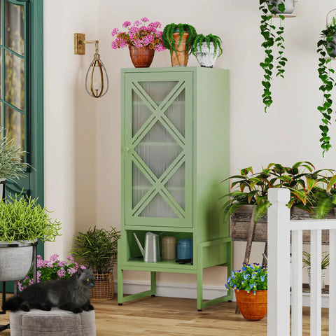 Heavy Duty Outdoor Storage Cabinet In Sage Green With Waterproof Rust Resistant Steel Construction on porch with plants