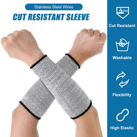 Cut Resistant Arm Sleeves Level 5 For Men And Women, Built Tough Arm Protectors, showing arms crossed wearing black gray sleeves.