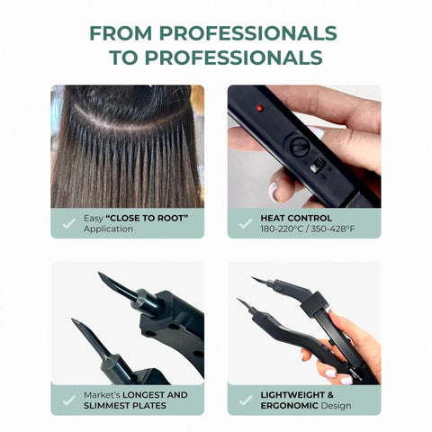 Pro Grade Keratin Fusion Tool For Hair Extensions With Slim Long Heating Plates Adjustable Temperature Rapid Heat Up shown in use and features