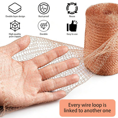 Close-up of copper mesh rodent control roll, 5 in x 50 ft, rust-resistant, shown with hand displaying mesh flexibility and features.