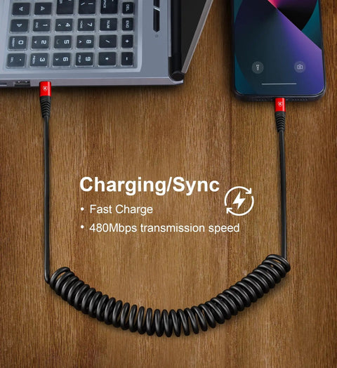 Coiled USB C To USB C Car Cable 3ft 2 Pack Fast Charge And Data Transfer Spring Loaded USB C Charger Cord shown connecting phone and laptop