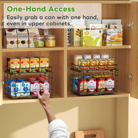 360 Degree Rotating Lazy Susan Can Organizer For Pantry Storage, Holds Twenty Six Cans, Black Smooth Spin Kitchen Rack in cabinet.