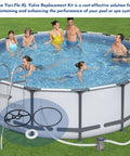 Vari Flo XL Valve One And A Half Inch SP714T O Ring Gasket Rebuild Kit displayed near above-ground pool with people
