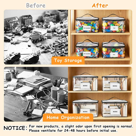Comparison of toy storage with 6 Pack Extra Large Clear Toy Storage Bags with Name Tags and clear PVC material on shelves.