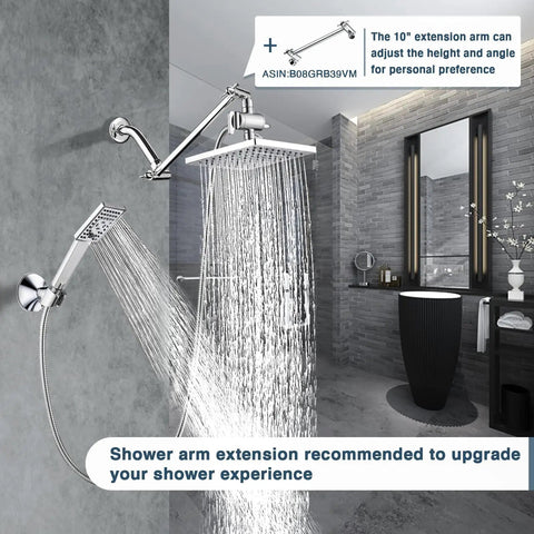 Dual Shower Heads System With 8 Inch Square Rain Shower Head And Handheld Spray in modern bathroom