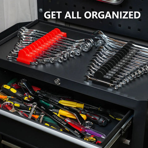 Magnetic Modular Wrench Organizer Set For Tool Drawers with red finish holding metric and SAE wrenches in tool drawer