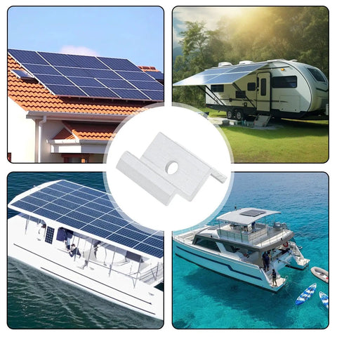 Heavy Duty Aluminum Solar Panel Clamps Rock Solid Outdoor PV Mount Brackets Rustproof Fasteners on various rooftop setups.