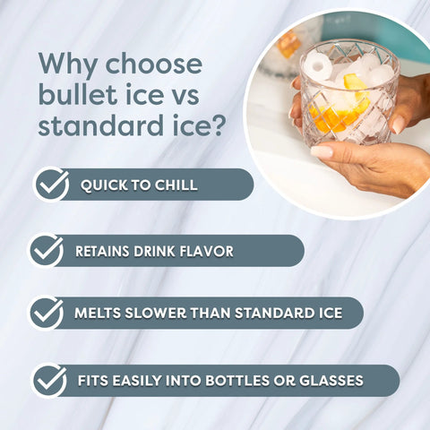 Igloo countertop ice maker infographic showing glass of ice with lemon in a round inset on a marble background