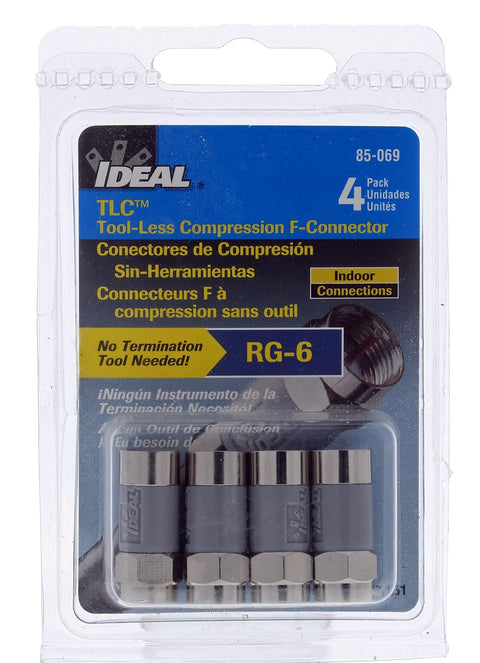 IDEAL 85-069 nickel push-on F-connectors, 4-pack for RG-6 coax, indoor use