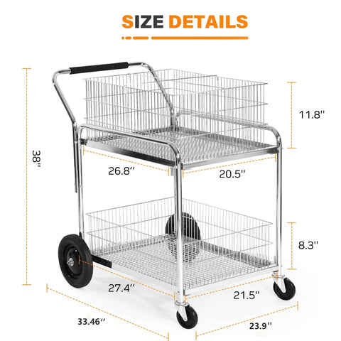 Heavy Duty Steel Office Mail Cart With Smooth As Butter Gliding Dual Casters showing size dimensions and wire shelf details.