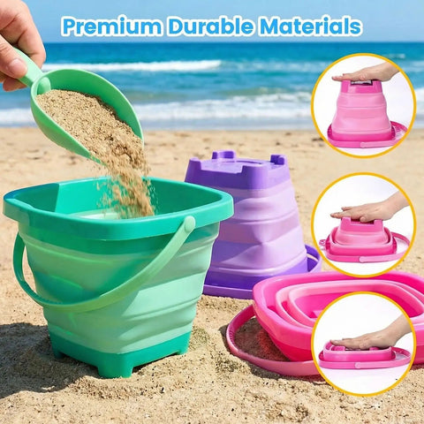 3 Piece Collapsible Beach Bucket Set With Shovels Foldable Sand Toys For Kids Travel Beach Gear Outdoor Summer Fun Purple Pink Blue