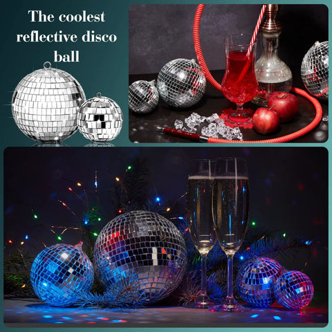 17 Piece Disco Ball Decor Set with 6 inch, 3 inch, and 2 inch silver hanging mirror balls for stage, club, weddings, and parties.