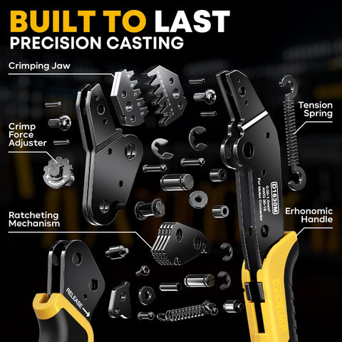 Exploded view of Pro Grade Dope Crimp Tool Kit For Mini-Fit Jr Connectors with 22 pin range, showing components and features.
