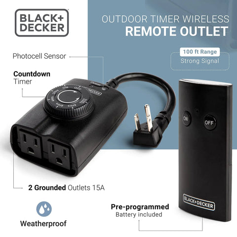 Dual Outlet Outdoor Timer Switch With Wireless Remote For Yard Lights And Garden Decor No Sweat Scheduling Slick Plug In Convenience Top Shelf All Weather Construction with two grounded outlets and remote.