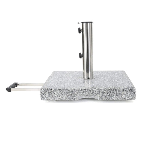 Side view of Mojave Outdoor Granite And Stainless Steel Umbrella Base Natural Grey Built To Last Heavy Duty 60 Pound Square Patio Stand