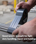 Industrial Strength Black Duct Tape For Patch Jobs And Everyday Fixes applied to metal pipes, showing adhesive grip