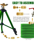 Impact Sprinkler On Tripod Base With Brass Head, 360 Degree Coverage, connectors and hose depicted with assembly instructions