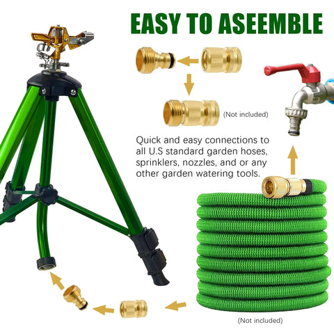 Impact Sprinkler On Tripod Base With Brass Head, 360 Degree Coverage, connectors and hose depicted with assembly instructions