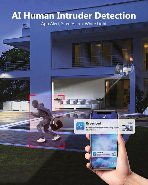 AI Human Intruder Detection with 5G Solar Wireless Security Cameras Outdoor, 2K Home Surveillance in a garden setting, app alert visible.