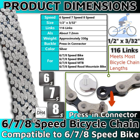 Product image of Durable 6/7/8 Speed Bicycle Chain 1/2 Inch By 3/32 Inch, 116 Links, showing dimensions and pin-style connector.