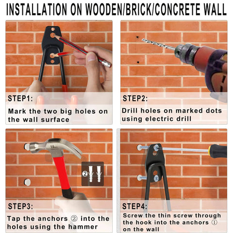 Installation guide for Heavy Duty Steel Hooks 16 Pack With Anti Slip Coating Wall Mount Garage Storage, showing steps on brick wall.