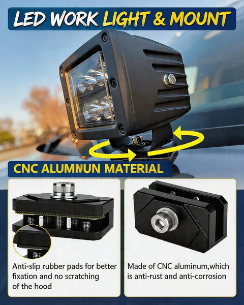 No Drill Clamp On Hood Mount LED Light Bar Brackets with CNC aluminum, anti-slip rubber pads for off-road vehicles and trucks