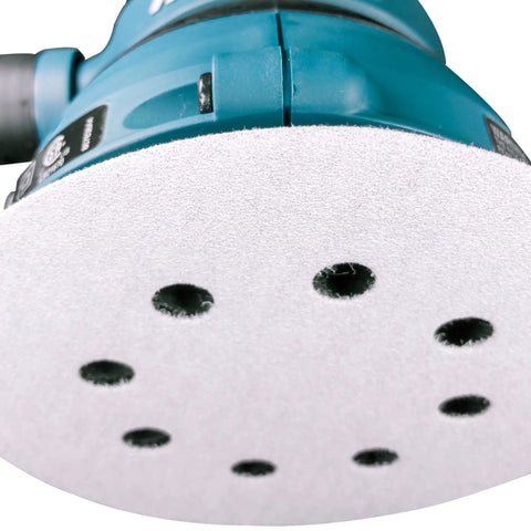 Close-up of Multi Grit 30 Piece Five Inch Random Orbit Sanding Disc Set With Eight Hole Hook And Loop Includes 10 Of Each 80 120 240 Grit Discs