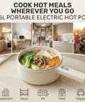 All In One Electric Hot Pot With Steamer And Lid 1.5L Nonstick Ceramic Cooker shown with ramen and vegetables