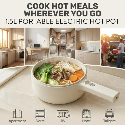 All In One Electric Hot Pot With Steamer And Lid 1.5L Nonstick Ceramic Cooker shown with ramen and vegetables