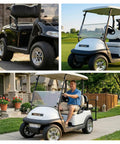 Collage of golf carts with Chrome 8 Inch Golf Cart Hubcaps Set Of 4 For EZGO Club Car And Yamaha Golf Carts Wheel Covers