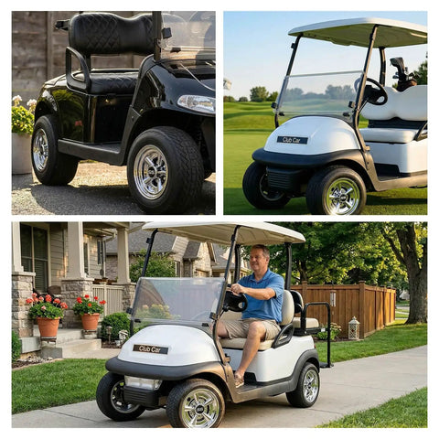 Collage of golf carts with Chrome 8 Inch Golf Cart Hubcaps Set Of 4 For EZGO Club Car And Yamaha Golf Carts Wheel Covers