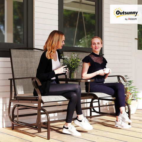 Outdoor Glider Bench With Center Table Metal Frame Patio Loveseat With Breathable Mesh Fabric And Armrests For Backyard Garden Porch Brown Perfect For Patio Lounging And Entertaining Friends Under The Sun with two people sitting