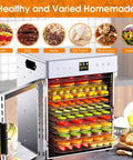 Straight Up Heavy Duty 12 Tray Food Dehydrator For Jerky And Dog Treats, 1200W with assorted fruits drying on trays.