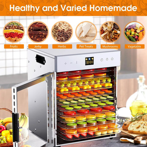 Straight Up Heavy Duty 12 Tray Food Dehydrator For Jerky And Dog Treats, 1200W with assorted fruits drying on trays.